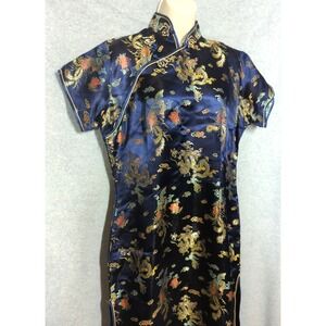 Vintage Jin Feng Cheongsam Dress Size 42 Large Blue Gold Dragons 100% Silk Chic